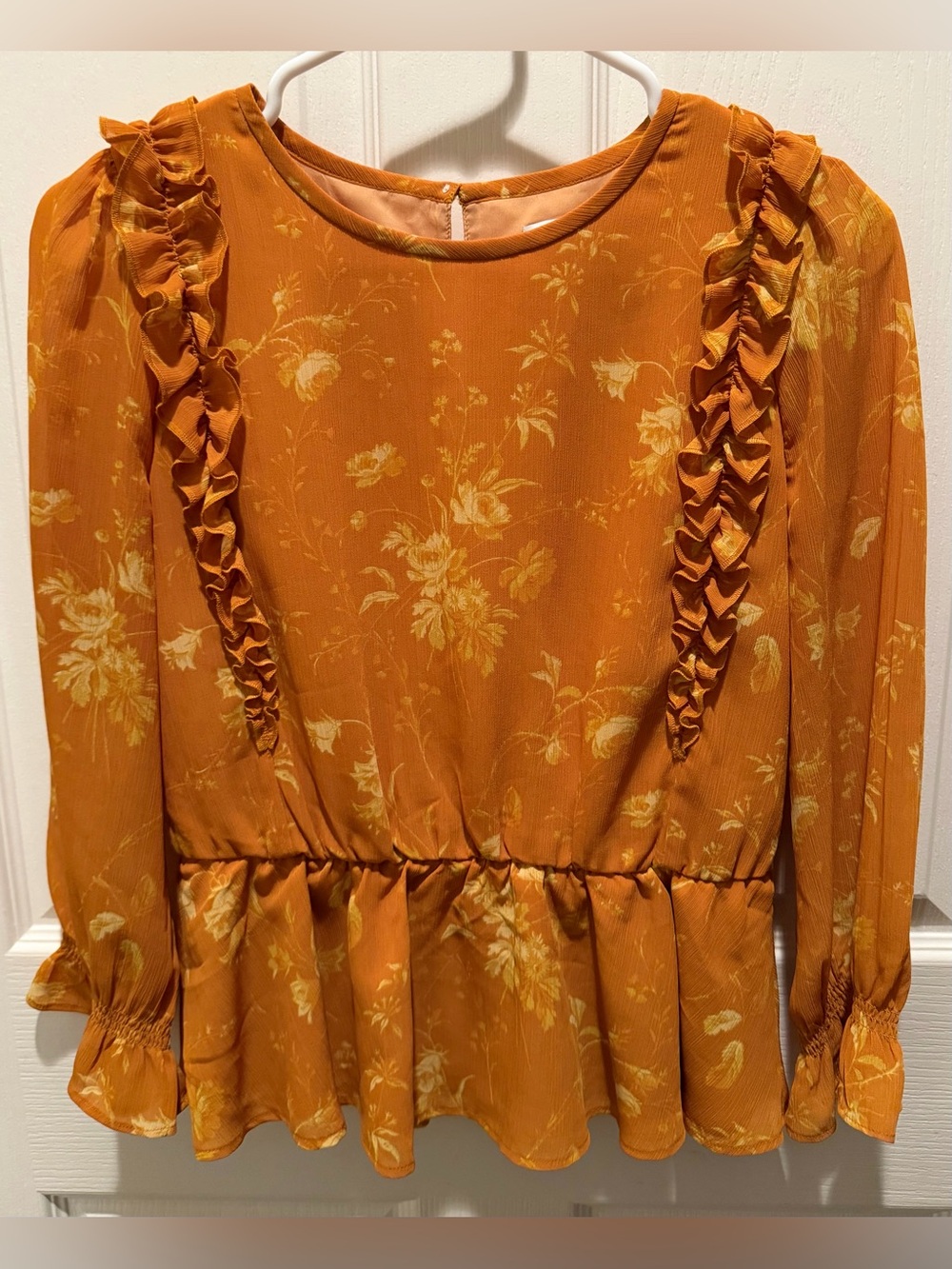 Madewell Ruffle-Shoulder Peplum Top Tonal Botanical Marigold Orange Floral Sz XS